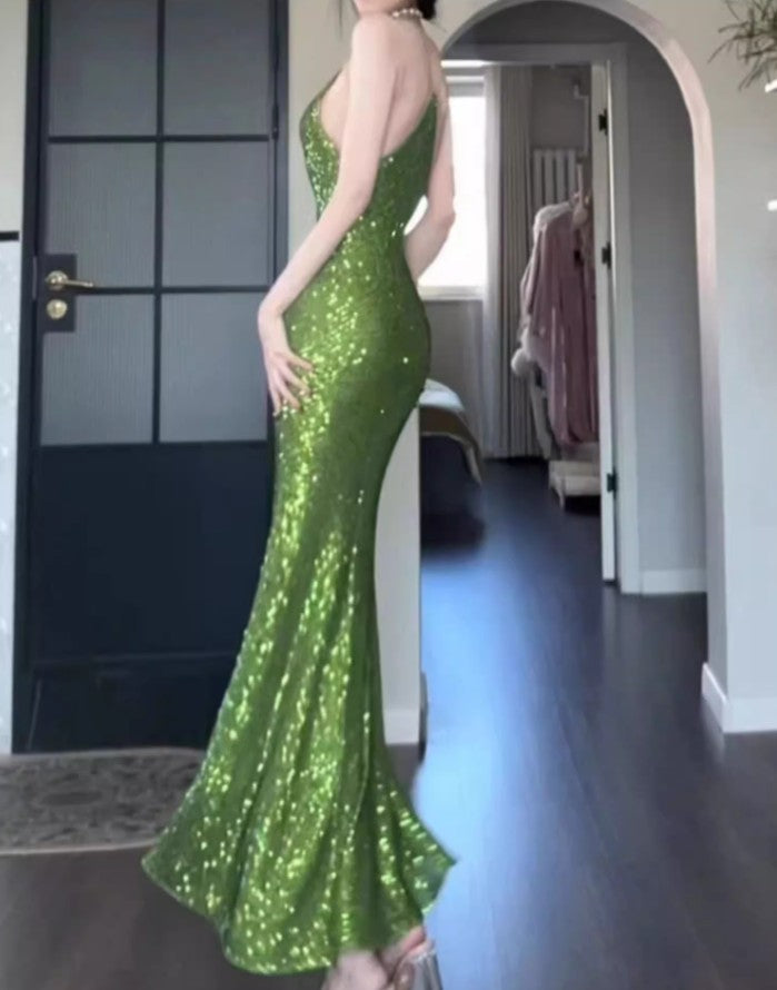 Vestido vintage verde con tirantes finos y lentejuelas para fiesta de graduación y cumpleaños ED01774