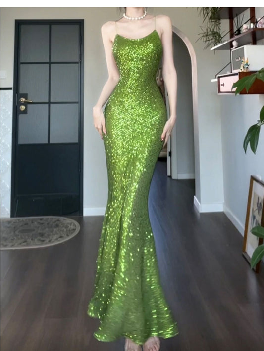 Vestido vintage verde con tirantes finos y lentejuelas para fiesta de graduación y cumpleaños ED01774