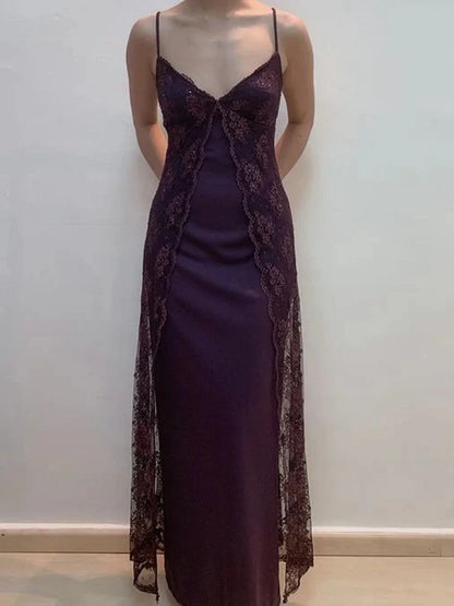 Vintage Grape Bodycon Party Dress 90s Spaghetti Straps Lace Prom Dress ED01781