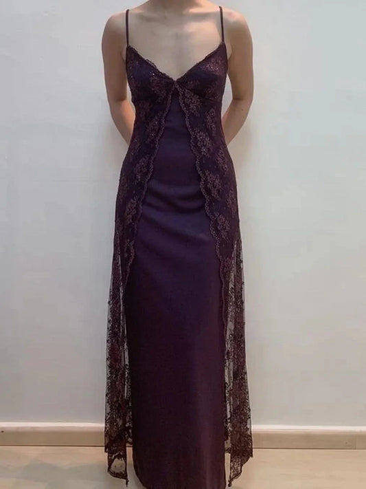 Vintage Grape Bodycon Party Dress 90s Spaghetti Straps Lace Prom Dress ED01781