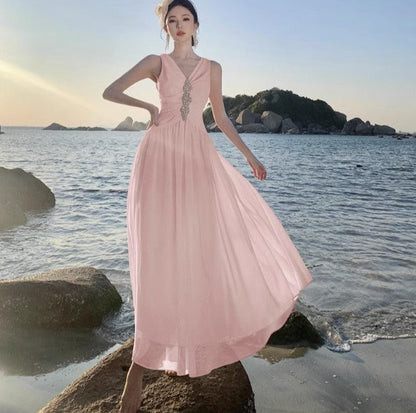 Vestido rosa de fiesta con escote en V y corte A para cumpleaños ED01784