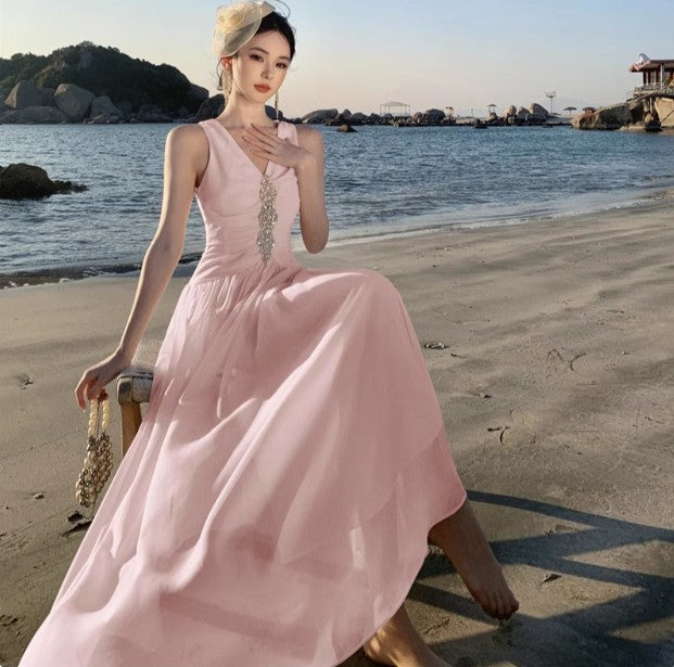 Vestido rosa de fiesta con escote en V y corte A para cumpleaños ED01784