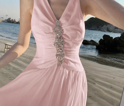 Vestido rosa de fiesta con escote en V y corte A para cumpleaños ED01784