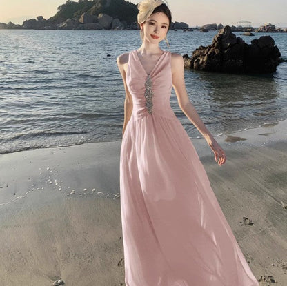 Vestido rosa de fiesta con escote en V y corte A para cumpleaños ED01784