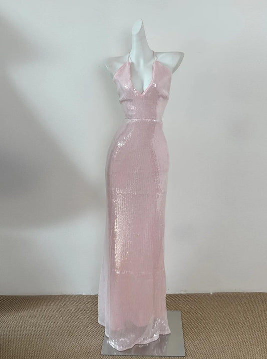 Vestido de fiesta rosa claro con escote en V y lentejuelas, vestido de cumpleaños ED01786