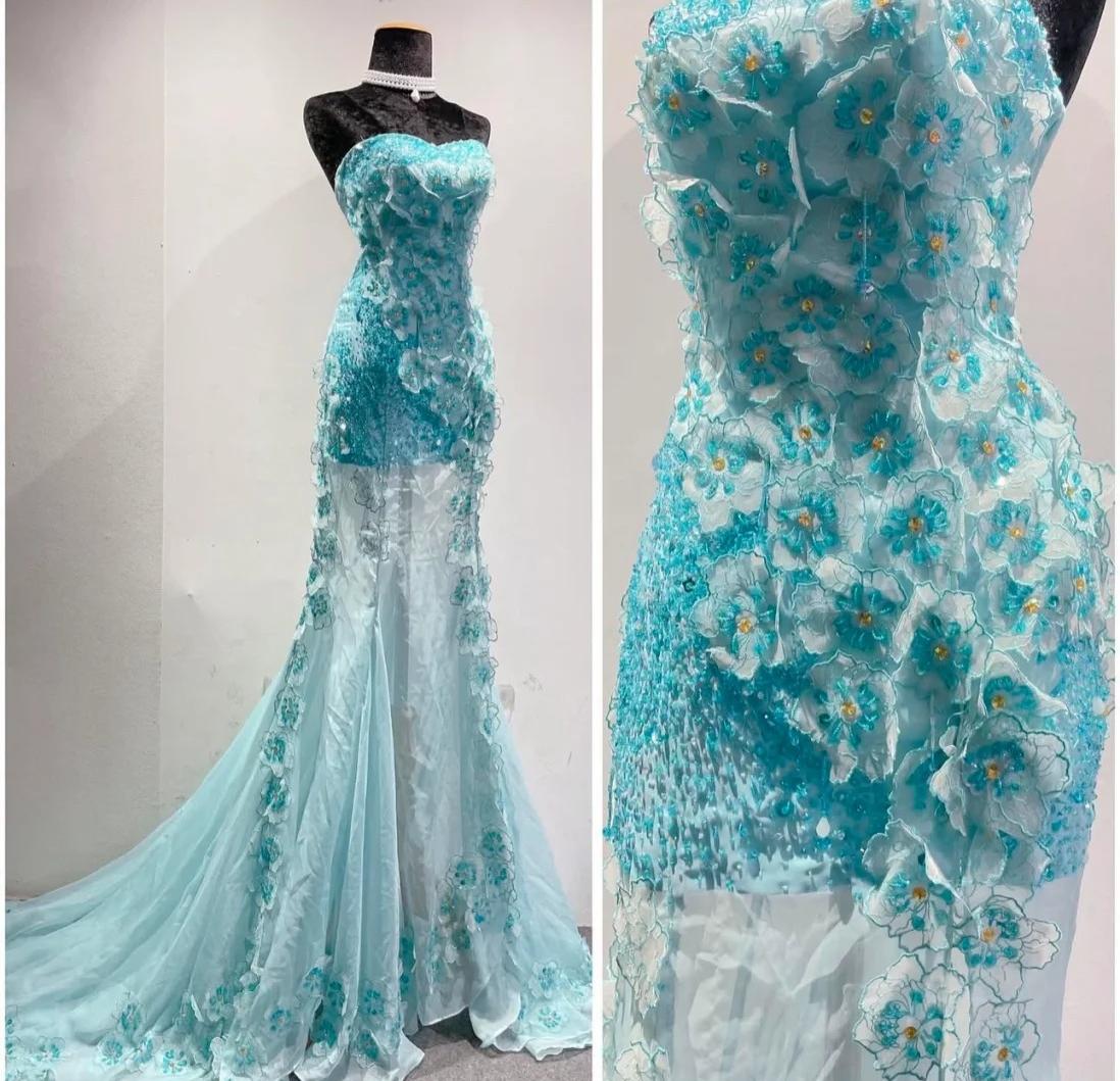 Vestido de novia largo de gasa sin tirantes, corte sirena, color azul hielo degradado, con apliques y cuentas, vestido de fiesta formal ED01789