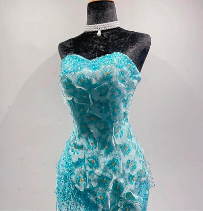 Vestido de novia largo de gasa sin tirantes, corte sirena, color azul hielo degradado, con apliques y cuentas, vestido de fiesta formal ED01789