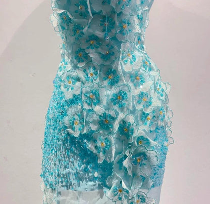Vestido de novia largo de gasa sin tirantes, corte sirena, color azul hielo degradado, con apliques y cuentas, vestido de fiesta formal ED01789