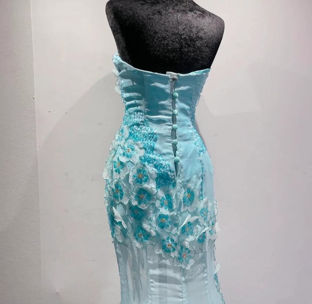 Vestido de novia largo de gasa sin tirantes, corte sirena, color azul hielo degradado, con apliques y cuentas, vestido de fiesta formal ED01789