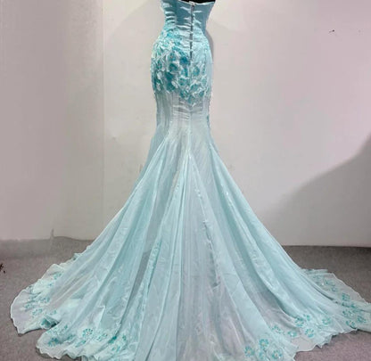 Vestido de novia largo de gasa sin tirantes, corte sirena, color azul hielo degradado, con apliques y cuentas, vestido de fiesta formal ED01789