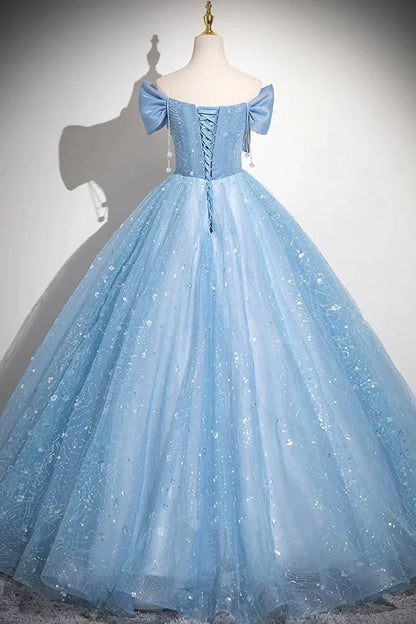 Vestido de noche azul claro de tul con lentejuelas y hombros descubiertos, corte A, ED01792