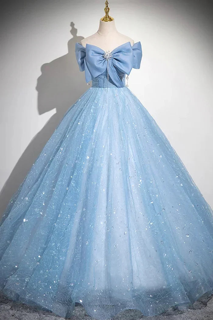 Vestido de noche azul claro de tul con lentejuelas y hombros descubiertos, corte A, ED01792