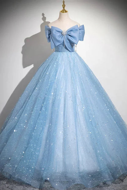 Vestido de noche azul claro de tul con lentejuelas y hombros descubiertos, corte A, ED01792