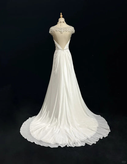Vestido de novia blanco elegante de gasa, corte A, escote en V, largo, con cuentas, sencillo, ED01804