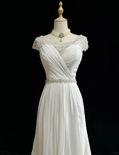 Vestido de novia blanco elegante de gasa, corte A, escote en V, largo, con cuentas, sencillo, ED01804