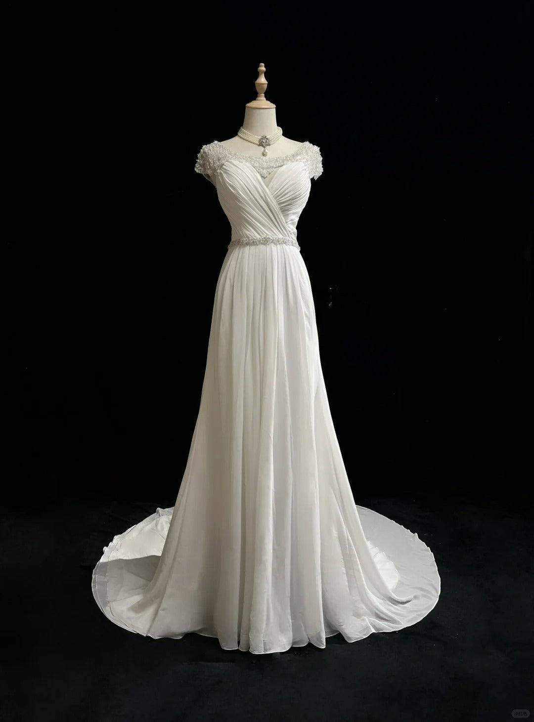 Vestido de novia blanco elegante de gasa, corte A, escote en V, largo, con cuentas, sencillo, ED01804
