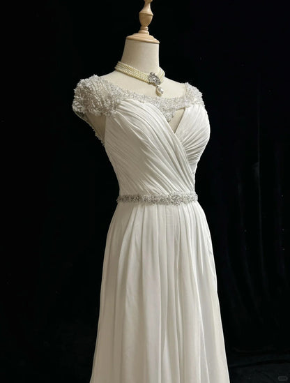 Vestido de novia blanco elegante de gasa, corte A, escote en V, largo, con cuentas, sencillo, ED01804