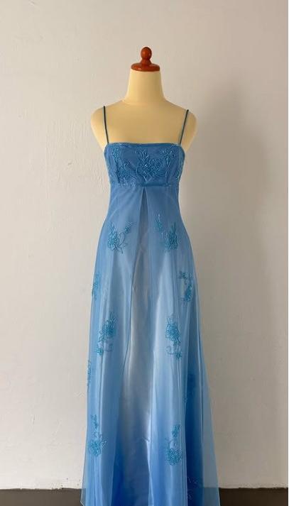 Gothic Vintage Prom Dress Under $170🩵Gorgeous Spaghetti Straps Beading Applique Gradient Blue Sleeveless Long Evening Dress  ED01816
