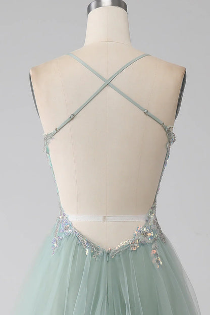 Sweet Green A-Line Tulle Strapless Sequined Long Prom Dresses for Birthday Backless Evening Gowns ED01826