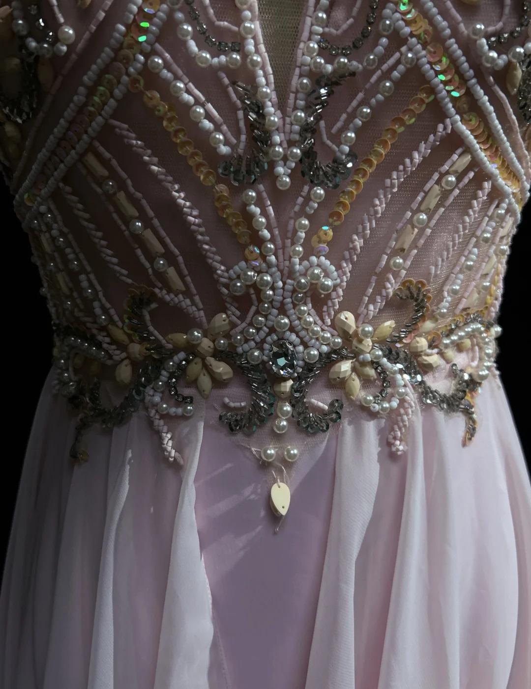 Gorgeous Pink A-Line Tulle High Neck Chiffon Long Beaded Backless Prom Dress Retro Wedding Birthday Dress ED01829