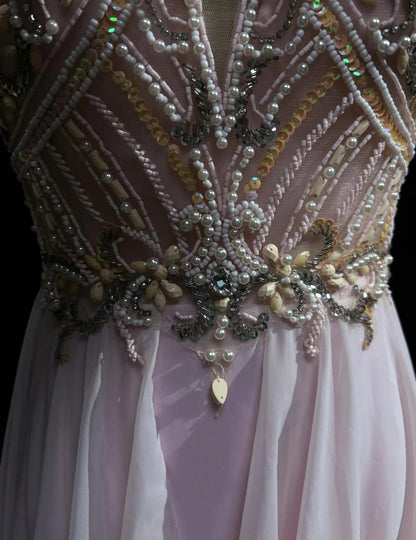 Gorgeous Pink A-Line Tulle High Neck Chiffon Long Beaded Backless Prom Dress Retro Wedding Birthday Dress ED01829