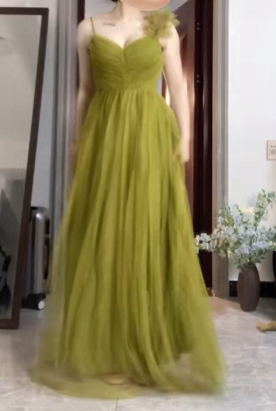 Vestido de fiesta largo de tul con tirantes finos, corte A, color verde oliva, ideal para cumpleaños, ED01834