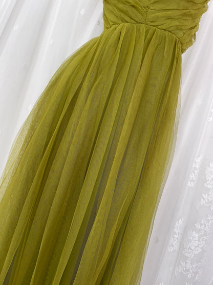 Vestido de fiesta largo de tul con tirantes finos, corte A, color verde oliva, ideal para cumpleaños, ED01834