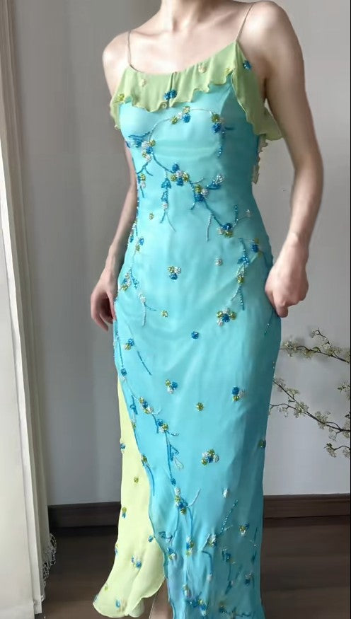 Vestido vintage de gasa con tirantes finos, volantes y cuentas en azul y verde, para fiesta de cumpleaños, ED01838