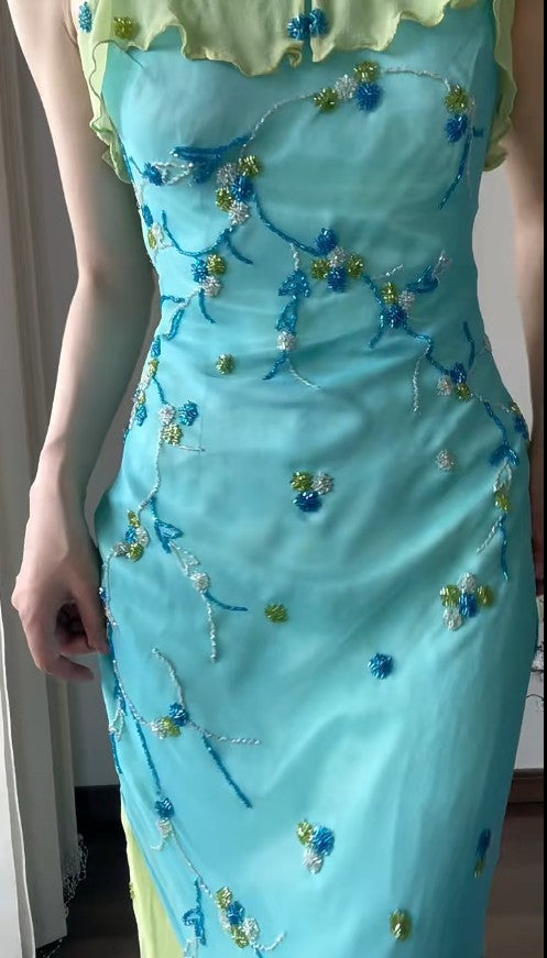 Vestido vintage de gasa con tirantes finos, volantes y cuentas en azul y verde, para fiesta de cumpleaños, ED01838