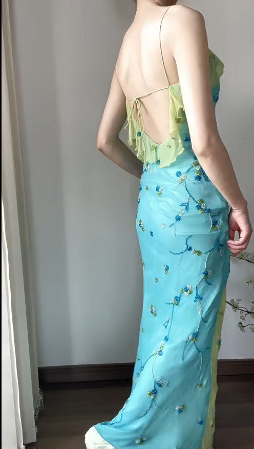 Vestido vintage de gasa con tirantes finos, volantes y cuentas en azul y verde, para fiesta de cumpleaños, ED01838