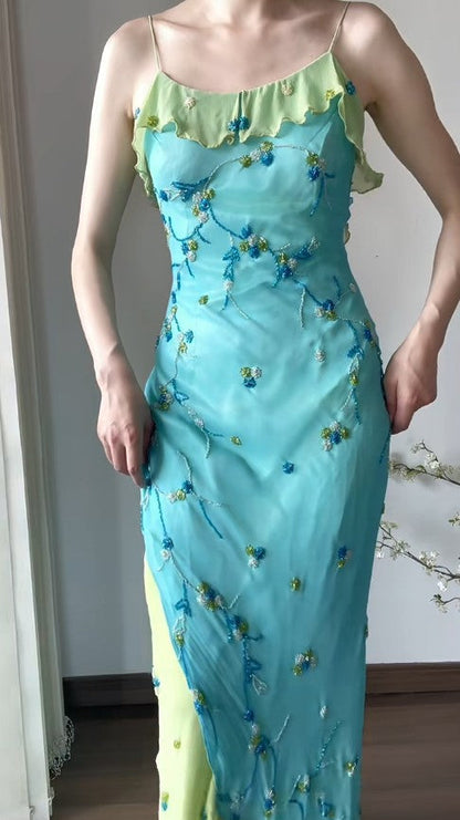 Vestido vintage de gasa con tirantes finos, volantes y cuentas en azul y verde, para fiesta de cumpleaños, ED01838