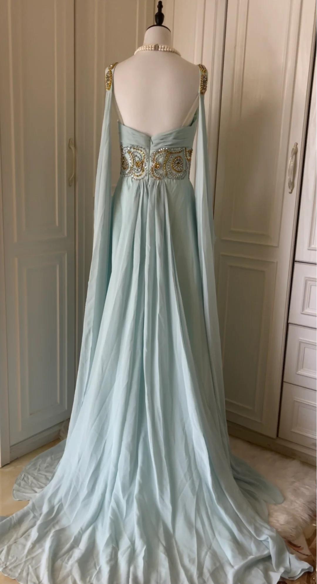 Vestido de fiesta largo de gasa con cuentas, corte A, escote en V, estilo Tiffany azul vintage, vestido de noche, vestido de novia ED01839