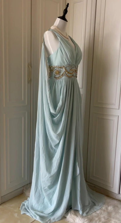 Vestido de fiesta largo de gasa con cuentas, corte A, escote en V, estilo Tiffany azul vintage, vestido de noche, vestido de novia ED01839