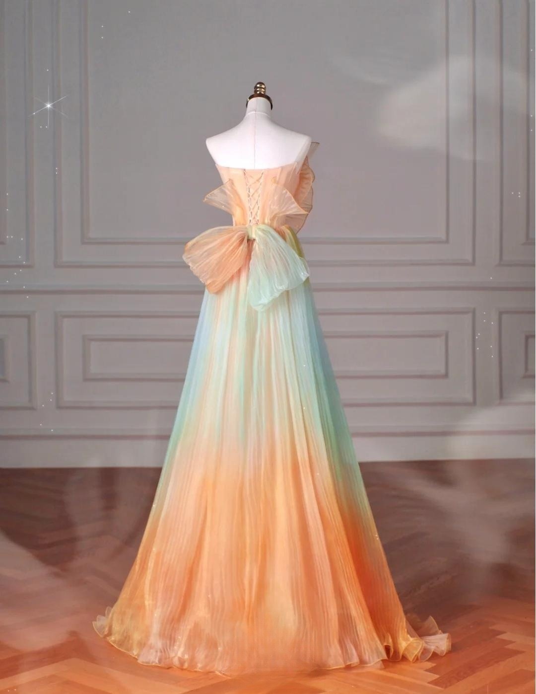 Hermoso vestido de fiesta largo de tul multicolor sin tirantes, corte A, vestido de novia, vestido de cumpleaños ED01842