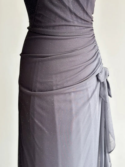 Vestido de fiesta gris oscuro con escote halter y volantes, con degradado brillante, para cumpleaños, ED01851