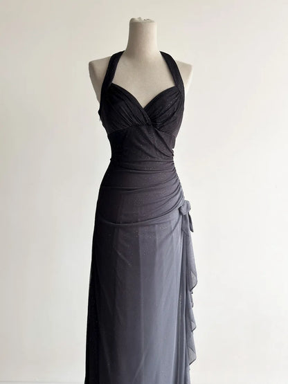Vestido de fiesta gris oscuro con escote halter y volantes, con degradado brillante, para cumpleaños, ED01851