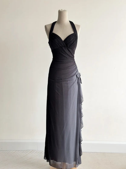 Vestido de fiesta gris oscuro con escote halter y volantes, con degradado brillante, para cumpleaños, ED01851
