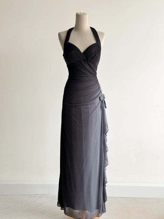 Vestido de fiesta gris oscuro con escote halter y volantes, con degradado brillante, para cumpleaños, ED01851