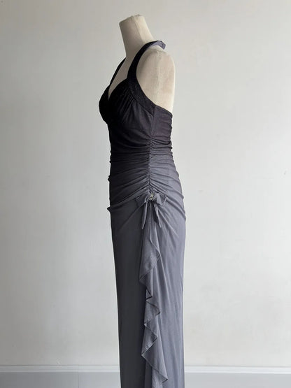 Vestido de fiesta gris oscuro con escote halter y volantes, con degradado brillante, para cumpleaños, ED01851