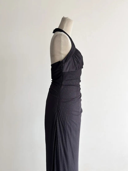 Vestido de fiesta gris oscuro con escote halter y volantes, con degradado brillante, para cumpleaños, ED01851