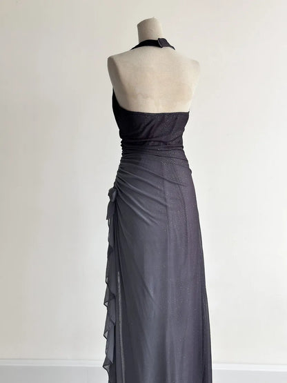 Vestido de fiesta gris oscuro con escote halter y volantes, con degradado brillante, para cumpleaños, ED01851