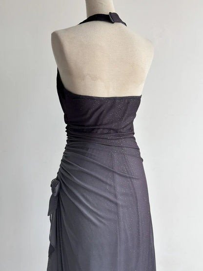 Vestido de fiesta gris oscuro con escote halter y volantes, con degradado brillante, para cumpleaños, ED01851