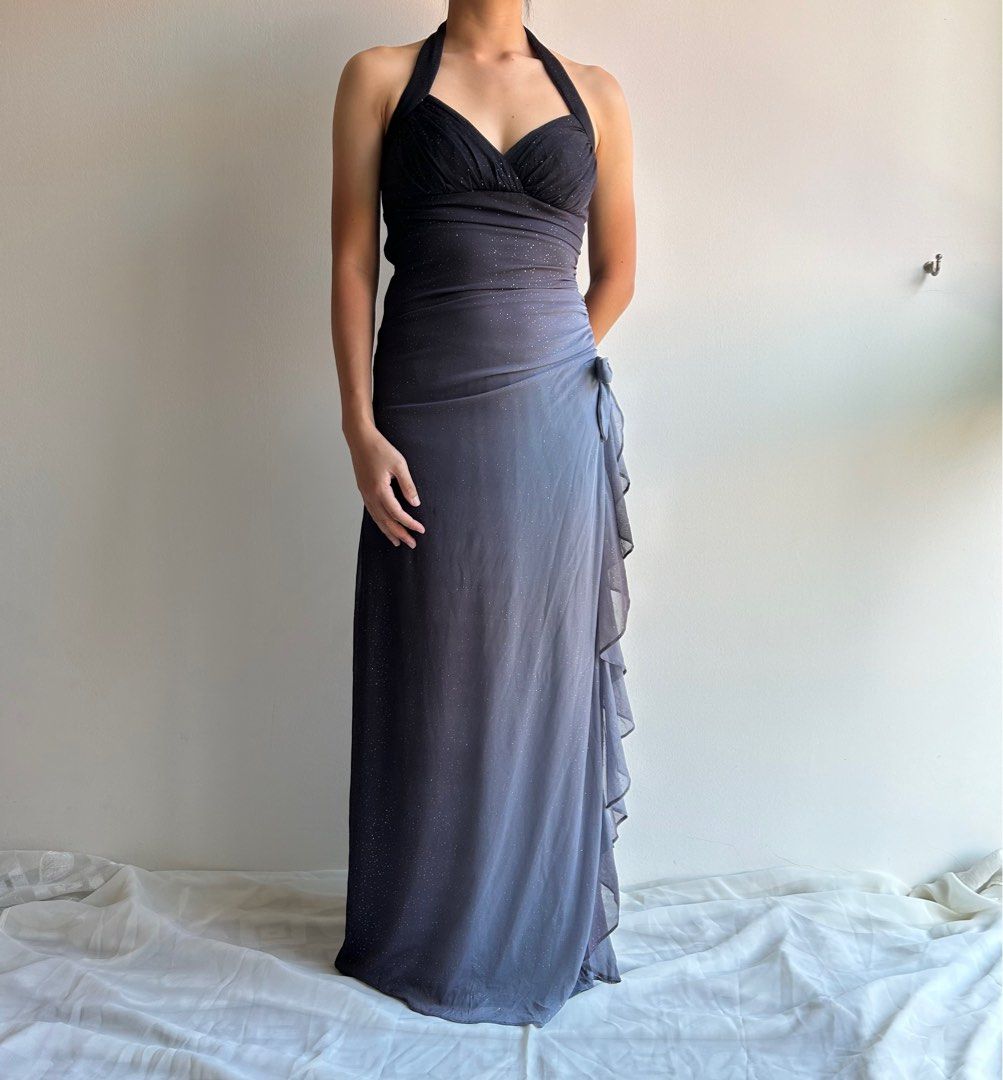 Vestido de fiesta gris oscuro con escote halter y volantes, con degradado brillante, para cumpleaños, ED01851