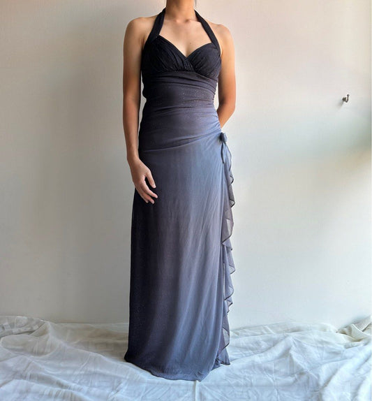 Vestido de fiesta gris oscuro con escote halter y volantes, con degradado brillante, para cumpleaños, ED01851