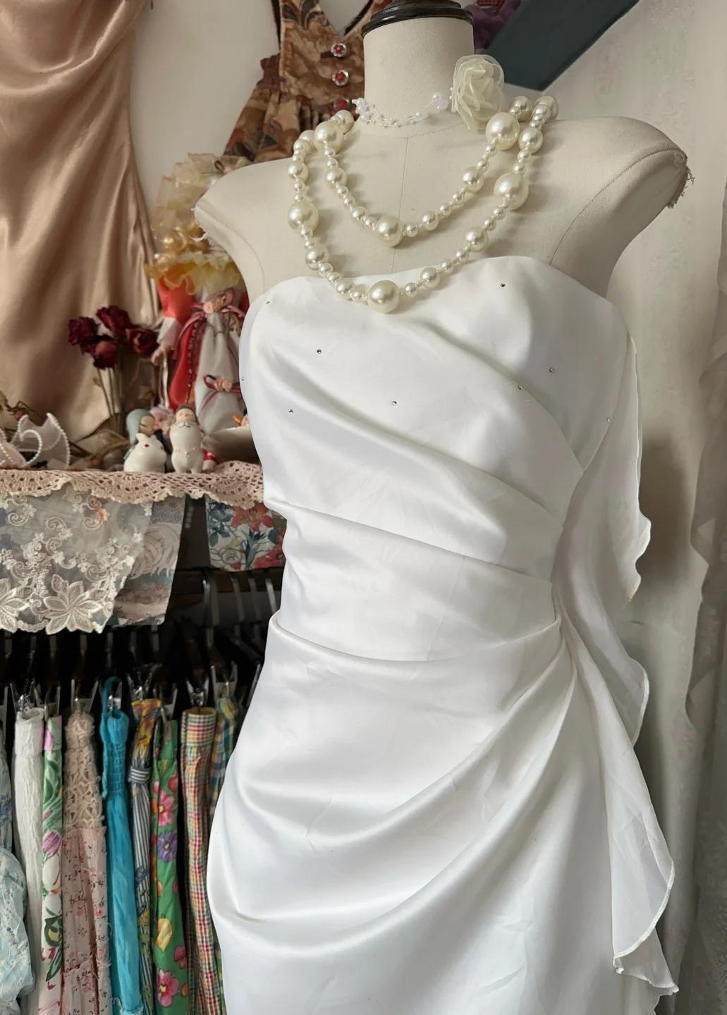 Vestido de fiesta elegante de gasa, blanco, sin tirantes, para cumpleaños, ED01854