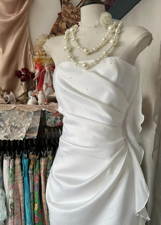 Vestido de fiesta elegante de gasa, blanco, sin tirantes, para cumpleaños, ED01854