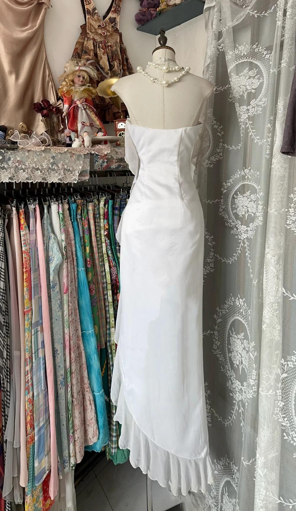 Vestido de fiesta elegante de gasa, blanco, sin tirantes, para cumpleaños, ED01854