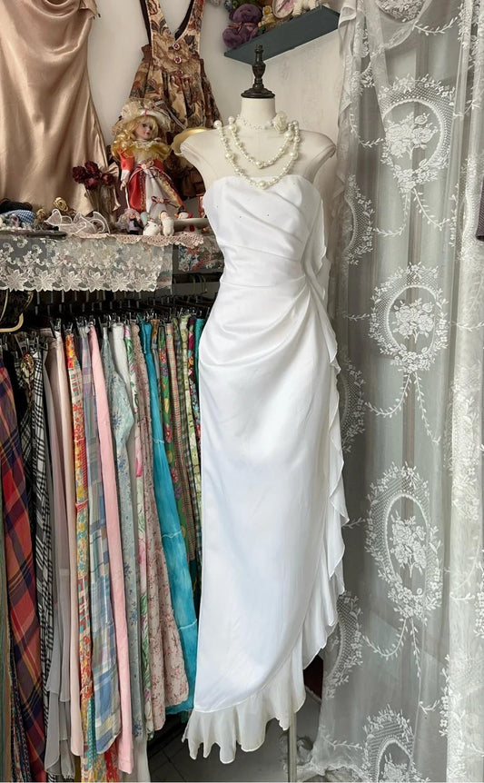 Vestido de fiesta elegante de gasa, blanco, sin tirantes, para cumpleaños, ED01854