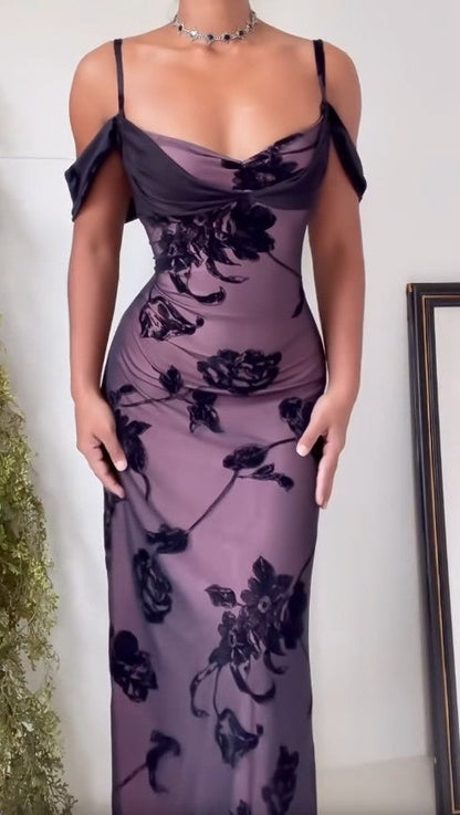 Vestido ajustado de satén morado único, vestido de fiesta con tirantes finos de tul negro, vestido de cumpleaños ED01856