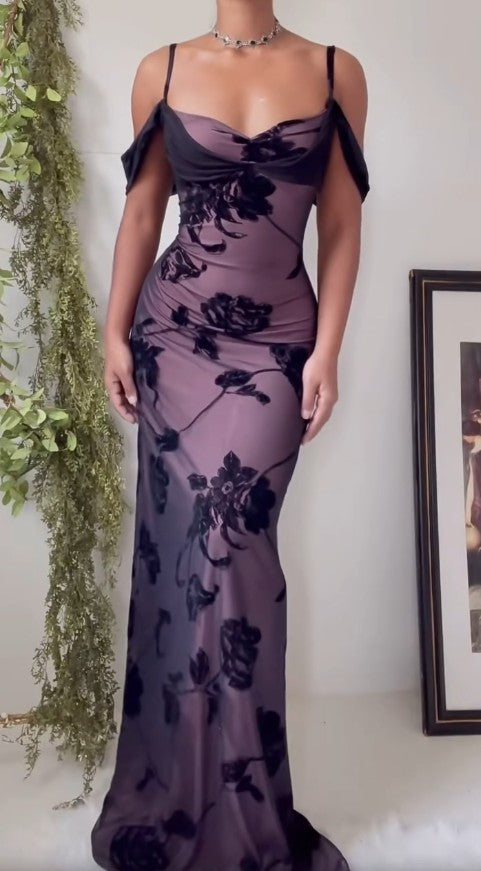 Vestido ajustado de satén morado único, vestido de fiesta con tirantes finos de tul negro, vestido de cumpleaños ED01856